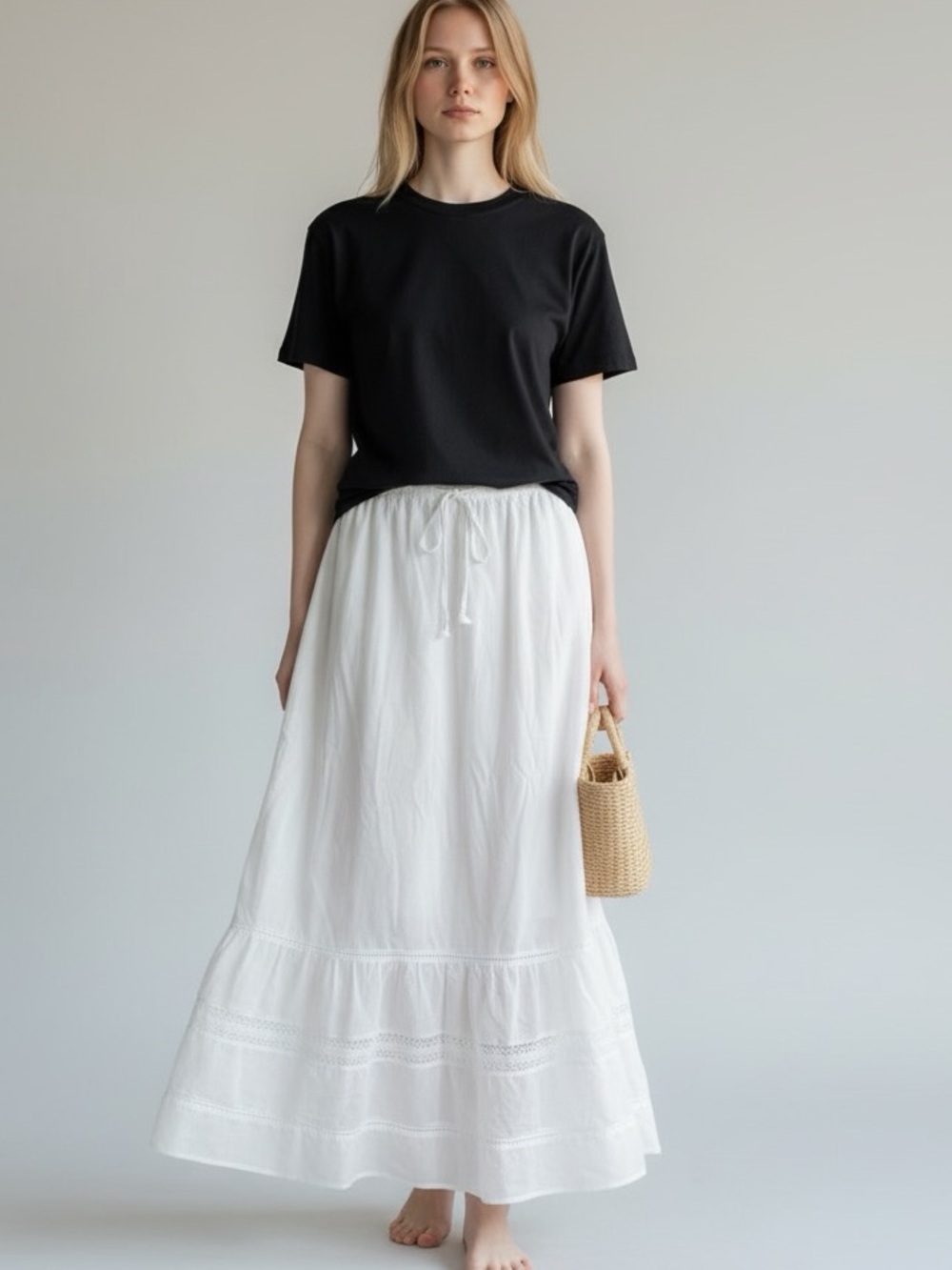 White Tiered Maxi Skirt with Lace Trim